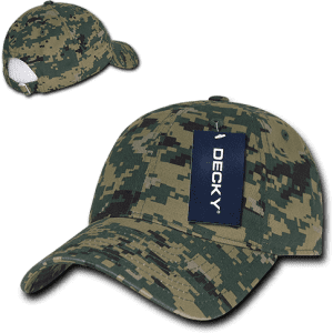 A camo dad hat featuring a relaxed, low-profile design with a logo and predominantly green and brown colours.
