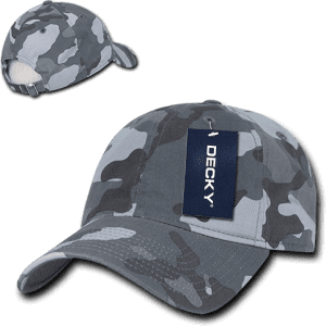 A camo dad hat in shades of grey, featuring a logo and a relaxed low-profile design.