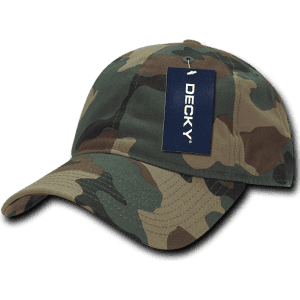 A camo dad hat in green and brown tones with a relaxed low profile design and a tag attached.