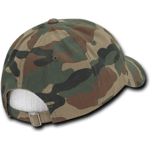 A camo dad hat in shades of green and brown, featuring a relaxed low-profile design and an adjustable strap at the back.