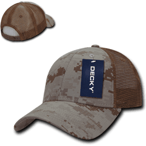A camo trucker cap featuring a low profile and structured design in shades of brown and grey, with a mesh back and a logo tag.