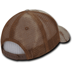 A camo trucker cap featuring a low profile design with a brown mesh back and an adjustable strap.