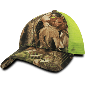 A camo trucker cap featuring a low profile and structured design, with a vibrant green mesh back.