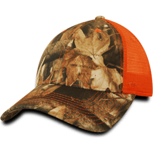 A camo trucker cap with a low-profile structured design, featuring a mix of browns and greens with a bright orange back.