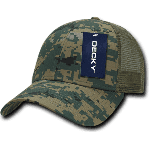 A camouflage cap with a low profile structured design and a mesh back, featuring a branding tag.