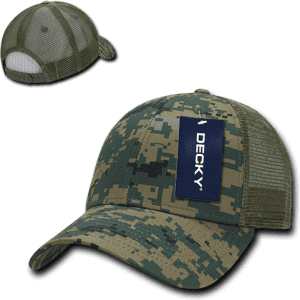 A camo trucker cap in shades of green with a structured design and a mesh back, featuring a logo.