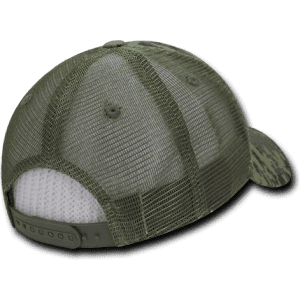 A green camo trucker cap with a low profile and structured design, featuring a mesh back and adjustable strap.