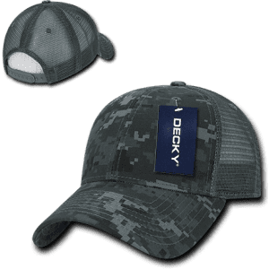 A grey camo trucker cap with a structured six-panel design and a mesh back, featuring a logo tag.