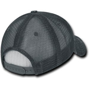 A grey camo trucker cap featuring a low profile and structured design with mesh back panels and an adjustable strap.