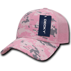 A pink and grey camo trucker cap with a mesh back and a tag featuring a logo.
