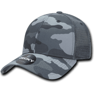 A grey camo trucker cap with a low-profile design and a mesh back, featuring a logo on the front.