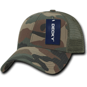 A camo trucker cap featuring a six-panel low profile design and mesh backing, with a branding tag attached.