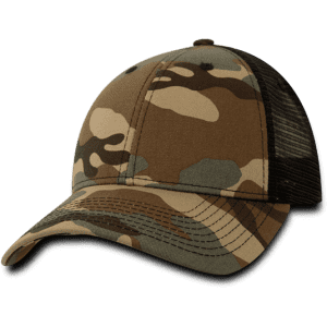A camouflage trucker cap featuring a six-panel low profile design, with shades of brown and green. It has a mesh back and a logo.
