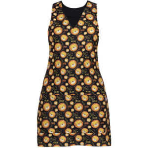 A black apron featuring a vibrant pattern of orange fruits and text, with a V-neck design. It has a logo.