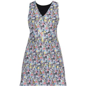 A colourful apron/pinafore featuring a vibrant pattern of letters and symbols, with a black neckline and sleeveless design.