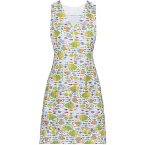 A colourful apron featuring a playful fish pattern in green, yellow, and purple tones. It has a V-neck design and a logo.