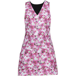 A pink apron featuring a playful pattern of rabbits and flowers, with a V-neck design and black accents.