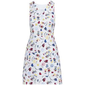 A white pinafore featuring a colourful pattern of various playful designs, including hearts and whimsical motifs.