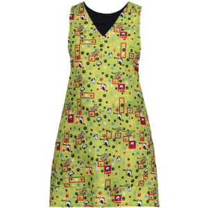 A green apron with a playful pattern featuring shapes and flowers, designed with a V-neck and sleeveless style.