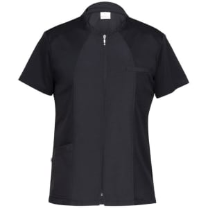 A black tunic featuring a zip front, short sleeves, and a pocket. The design has a logo on it.