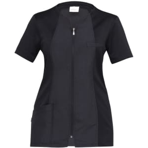 A black tunic with short sleeves, a zip front, and a pocket on the left side. It features branding on the label.