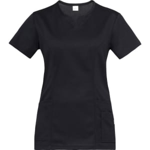 A black tunic featuring short sleeves and two front pockets, with a small logo on the side.