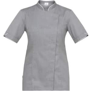 A grey tunic with short sleeves, a mandarin collar, and white piping details. It features a side pocket and a branded logo.