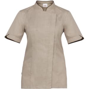A beige Tania Tunic with short sleeves and a mandarin collar, featuring a sleek design and a logo.