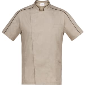 A tan Valerio Tunic with short sleeves, a high collar, and a side pocket. It features dark piping detail and a logo.