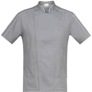 A grey chef tunic with a short sleeve, featuring a pocket and light grey piping along the collar. It has a logo.