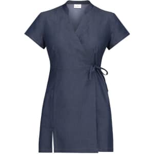 A dark navy blue wrap dress with short sleeves and a side tie detail. It features a vent at the hem and a branded label.