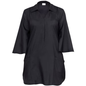 A black kimono-style top with a collar, three-quarter sleeves, and front pockets. It features a logos.