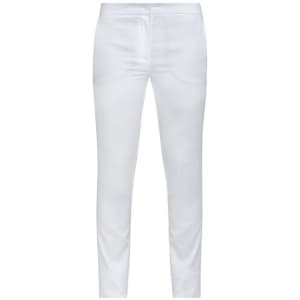 White trousers with a slim fit, featuring a smooth texture and a simple design, including a waistband and pockets.