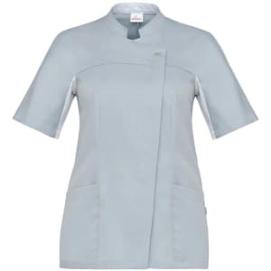 A light blue short sleeve tunic featuring a mandarin collar and two front pockets. The tunic has a logo on it.