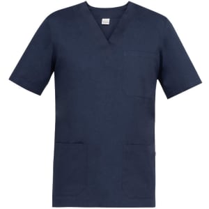 A navy blue Piero Tunic featuring short sleeves, a v-neck, and multiple pockets. The garment has a branding logo.