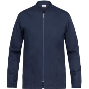A navy blue tunic with a zip front and a small chest pocket, featuring long sleeves and a collar.
