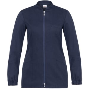 A navy blue tunic featuring a zip front, long sleeves, and two side pockets. It has a simple, sleek design.