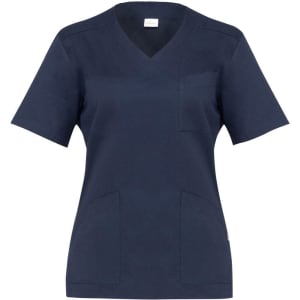 A navy blue tunic with a V-neck, short sleeves, and front pockets, featuring a small logo.