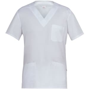 A white tunic with a V-neck, short sleeves, and front pockets. It features a logo on the label.