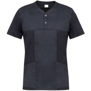 A short-sleeved, button-up jacket in a dark grey colour with contrasting black panels and two front pockets.