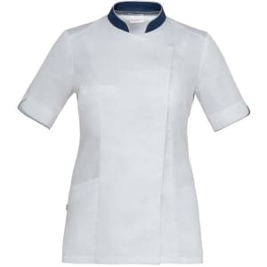 A white tunic with navy accents and short sleeves, featuring a front wrap design and multiple pockets.