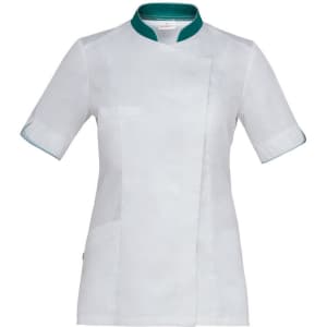A white tunic with short sleeves and a green collar, featuring a wrap design and two front pockets.