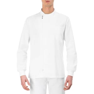 A white tunic with a high collar and a zip front, designed for a clean and professional appearance.