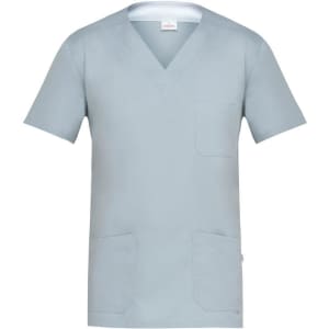 A light blue tunic featuring a V-neck, short sleeves, and multiple pockets. It has a logo on the side.