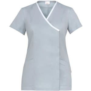 A grey tunic with short sleeves and a wrap design, featuring white trim and pockets. Includes a logo.
