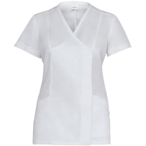 A white tunic with short sleeves and a crossover design, featuring two front pockets and a branding logo.