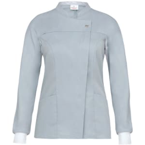 A long sleeve tunic in light grey with a unique collar design and pockets, featuring a logo.