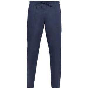 Navy blue pants with a drawstring waist and two side pockets, featuring a small logo.