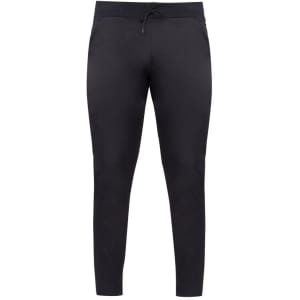 A pair of black pants with a fitted design and an elastic drawstring waistband. Features minimal branding.