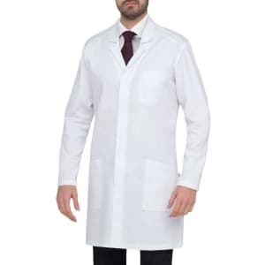 A white lab coat featuring long sleeves, a pocket, and a buttoned front, worn by a man with a tie.